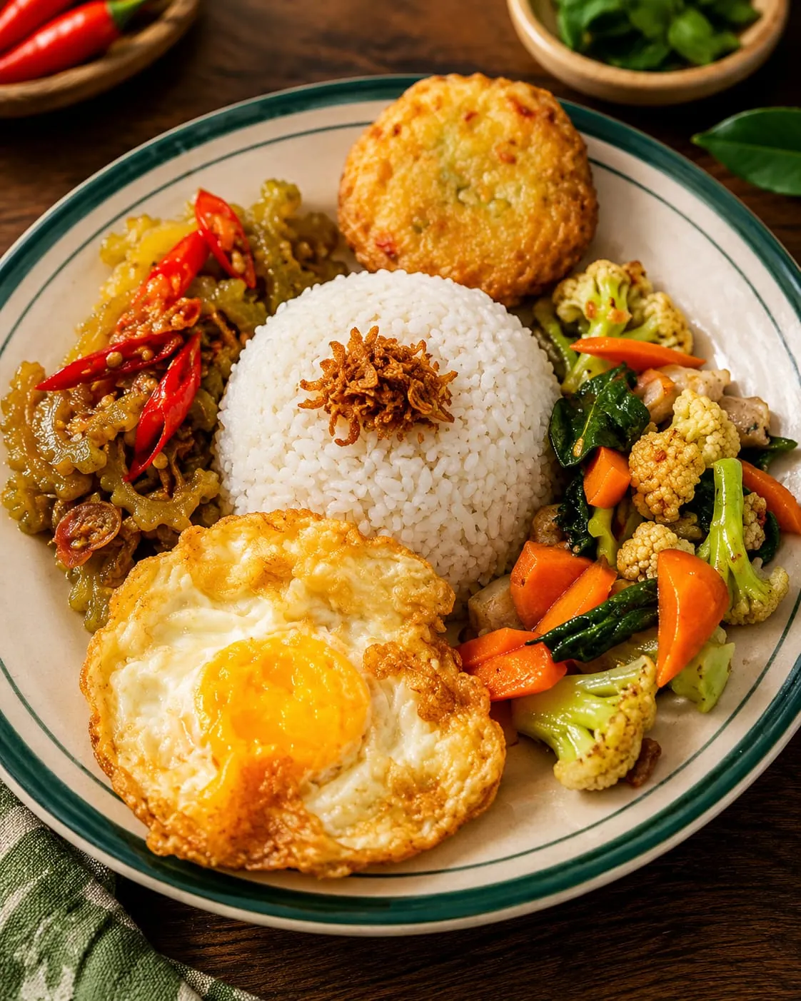 Sajian nasi dengan telur dan sayur Warteg Idjo